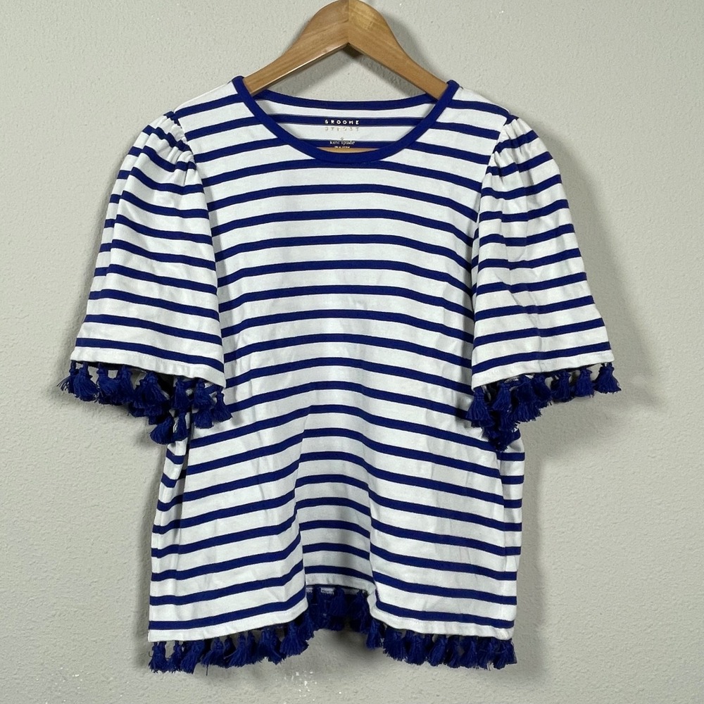 kate spade White and Blue Striped Short Sleeve Tee with Tassel Trim